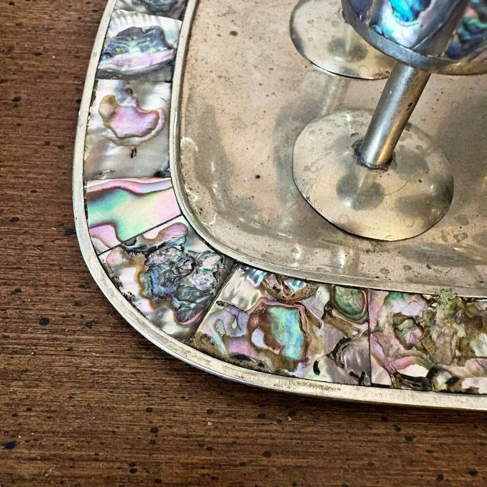 Vtg Cordial Set Mexican Alpaca Silver With Abalone MOP 6 Small Goblets With Tray